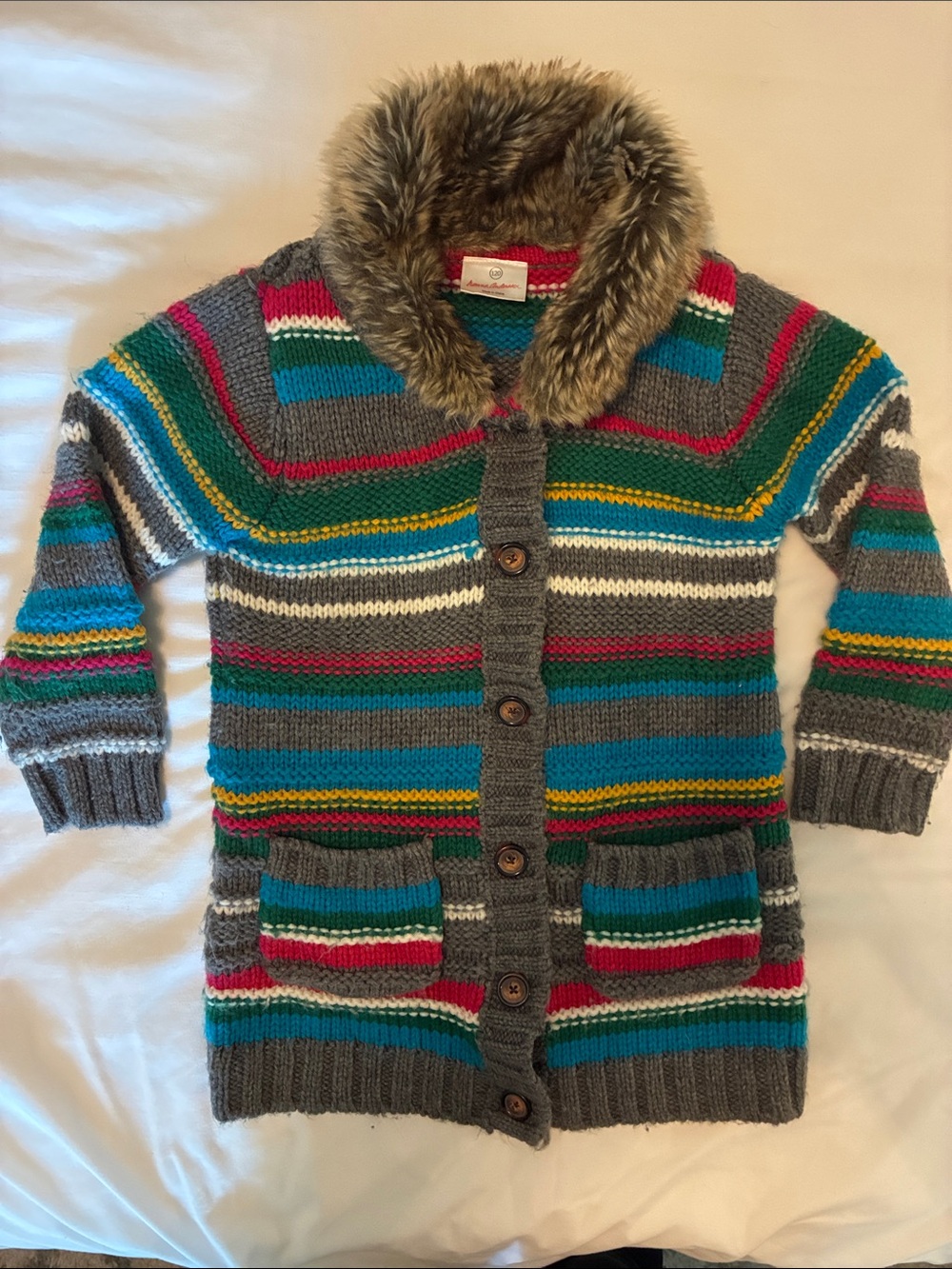 Hanna Andersson Gray Multicolor Striped Knit Cardigan with Faux-Fur Collar
